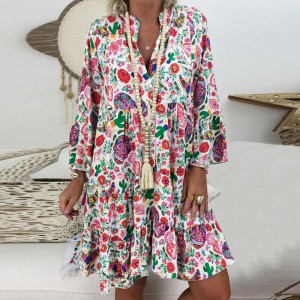 Hot Style Bohimian Flower Print Dress Women 夏季女士宽松三分袖迷你连衣裙 2021 新款性感沙滩袍